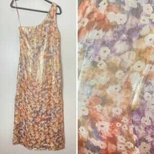 NWT CLUB MONACO DRESS 6 SUNSET SHIMMER MULBERRY SILK FLORAL METALLIC LONG MAXI